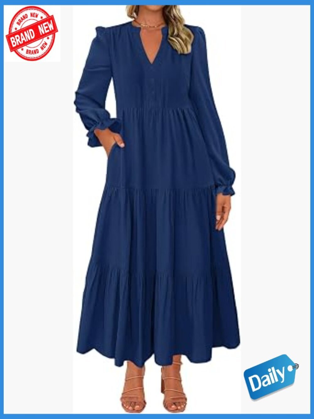 Long Sleeve V Neck Button Down A-Line Flowy Maxi Dress with Pockets